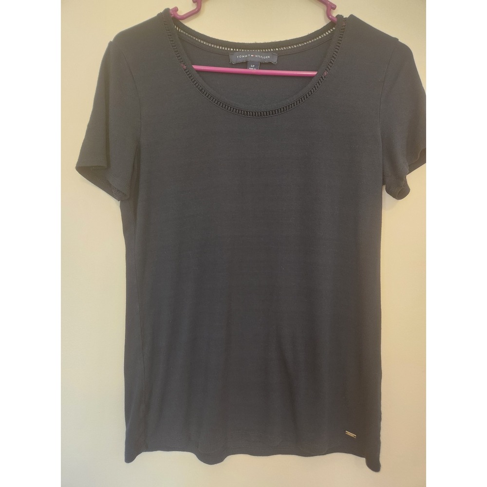 Tommy Hilfiger Womens Navy Blue Scoop Neck Short Sleeve Top Ladder Stitch Size S